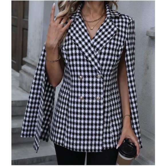 Classic Houndstooth Print Cloak Sleeve Jacket - Picture 2 of 6